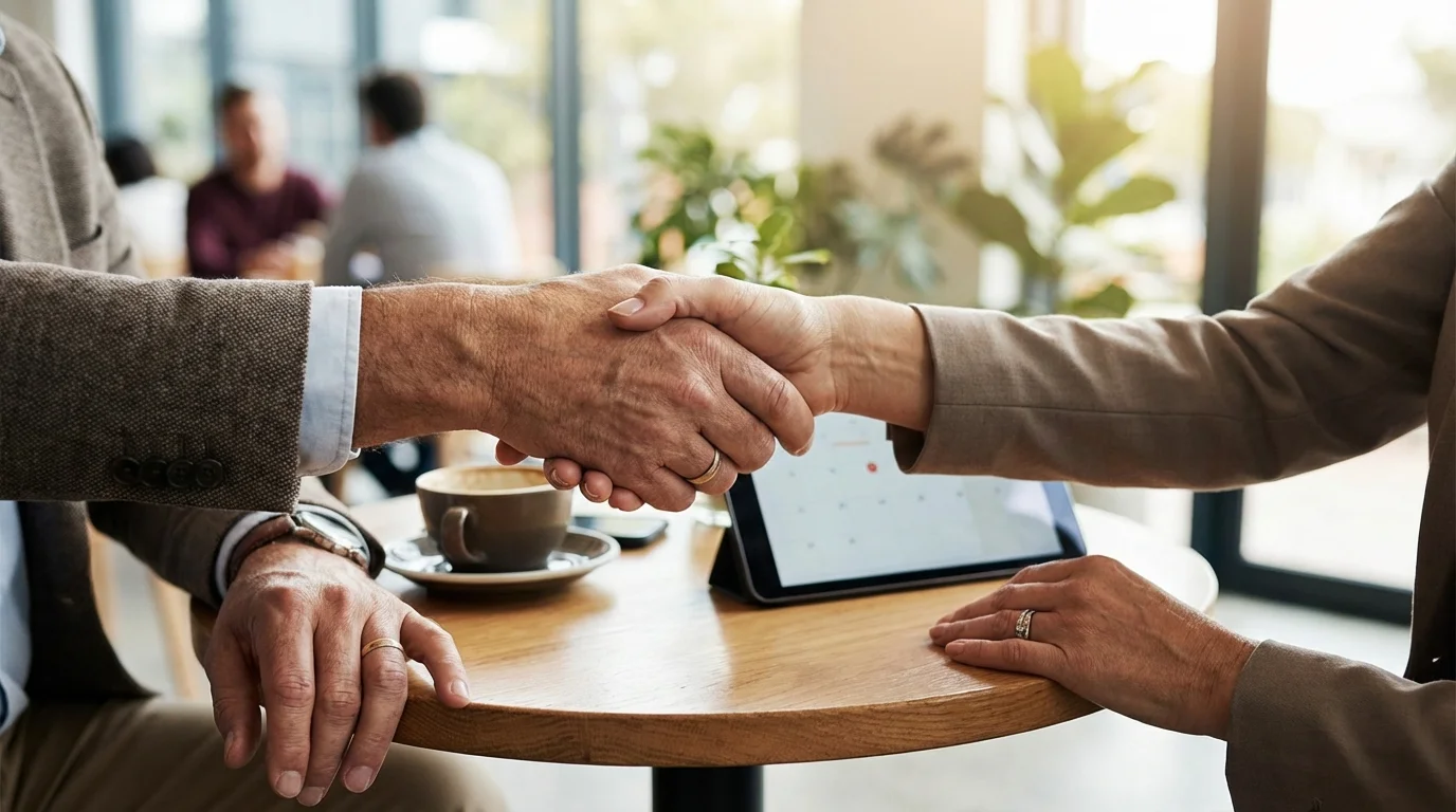 Two professionals shaking hands during a successful first date meeting.