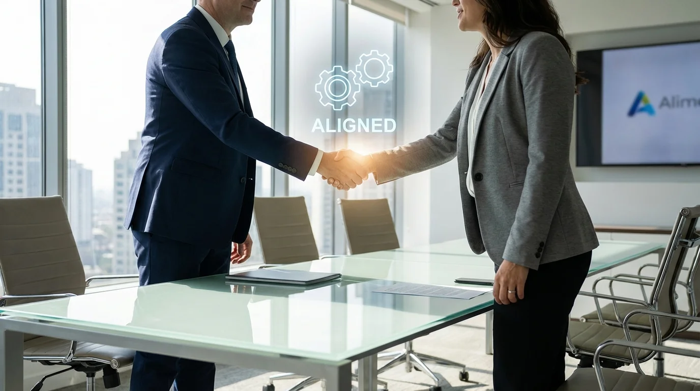 Two professionals shaking hands, representing the coach-client partnership selection process.