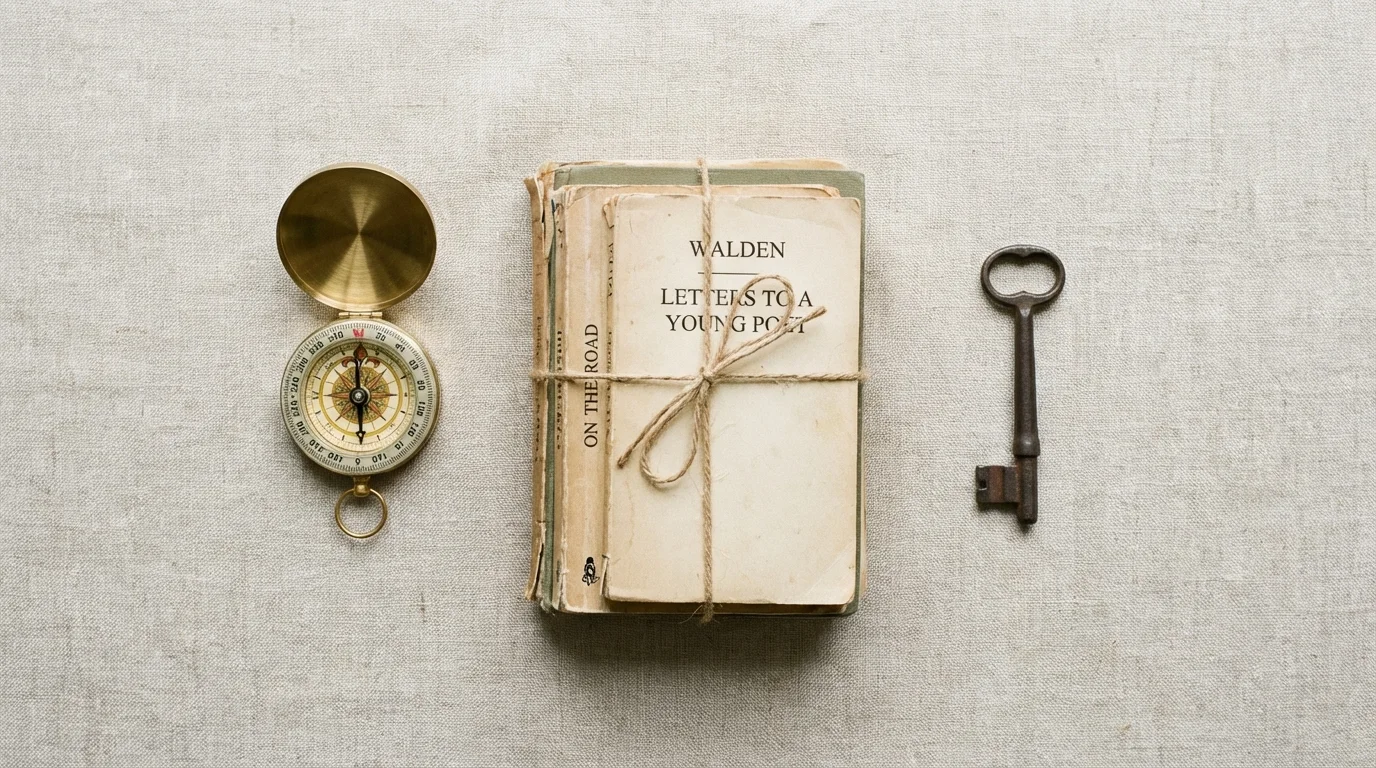 Flat lay of a compass, books, and a key representing the first steps in a new life chapter.
