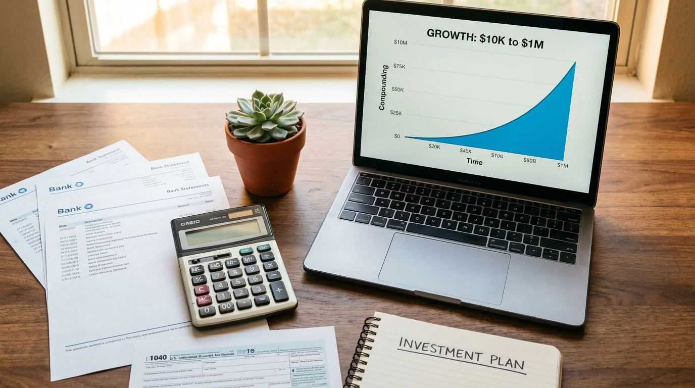 Flat lay of financial tools illustrating compounding growth for long-term wealth building.