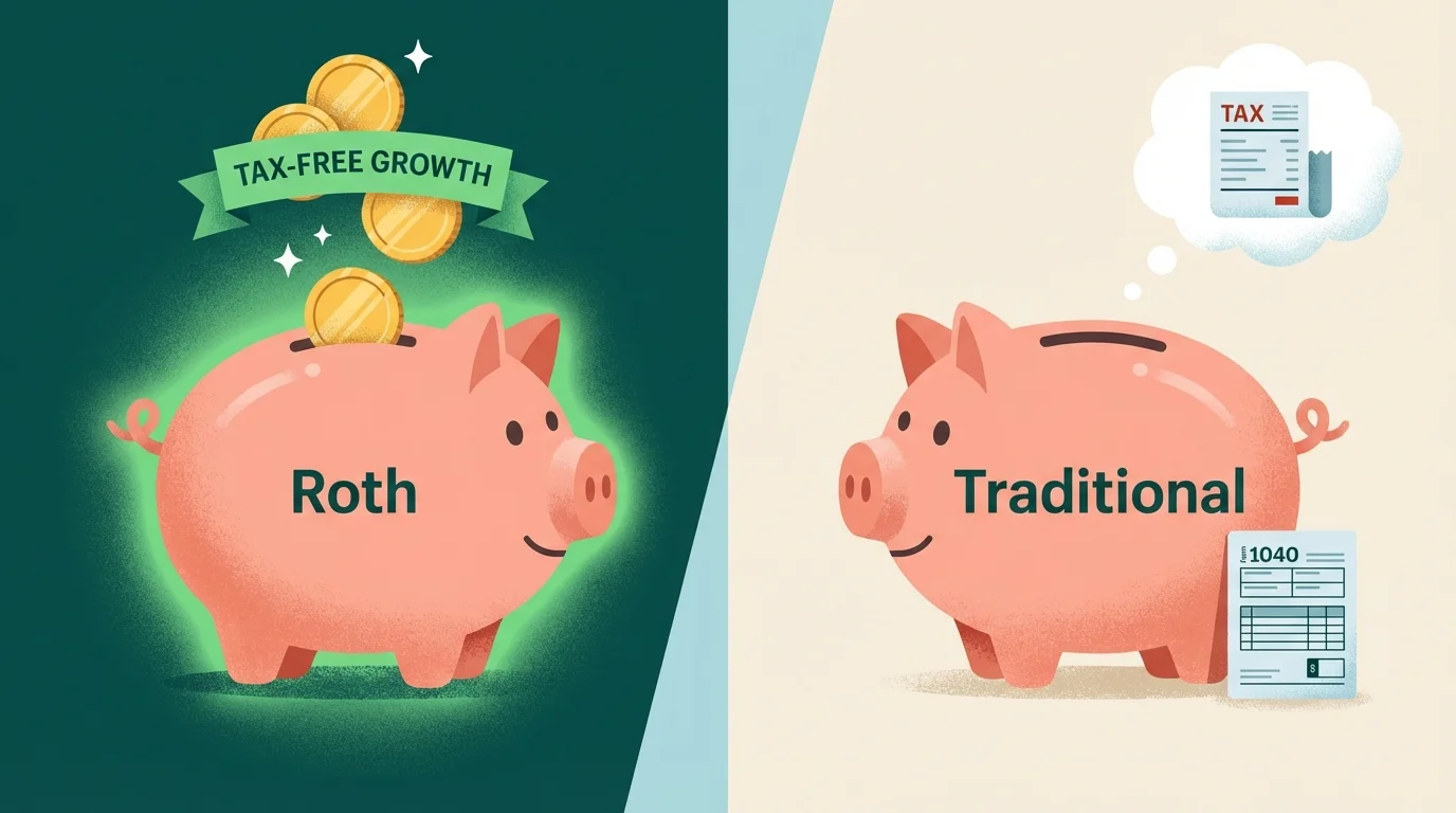 Comparison illustration of Roth IRA (tax-free growth) versus Traditional IRA (tax-deferred growth).