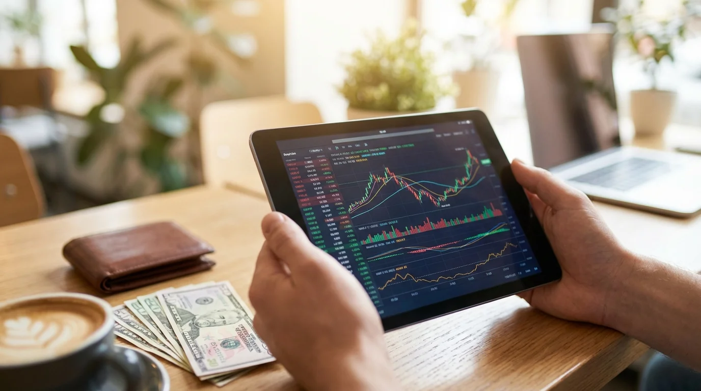 Person accessing investment portfolio on a tablet, representing flexible access to funds in a taxable brokerage account.