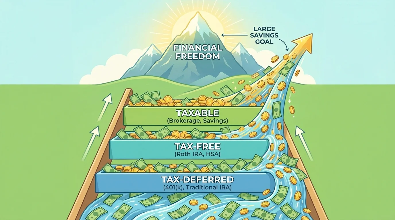 Diagram showing the three-bucket investment strategy for financial independence planning.