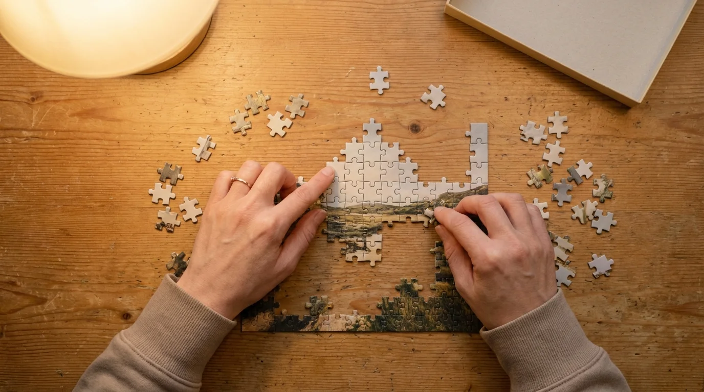 Hands working deliberately to assemble puzzle pieces, illustrating focused action during recovery.