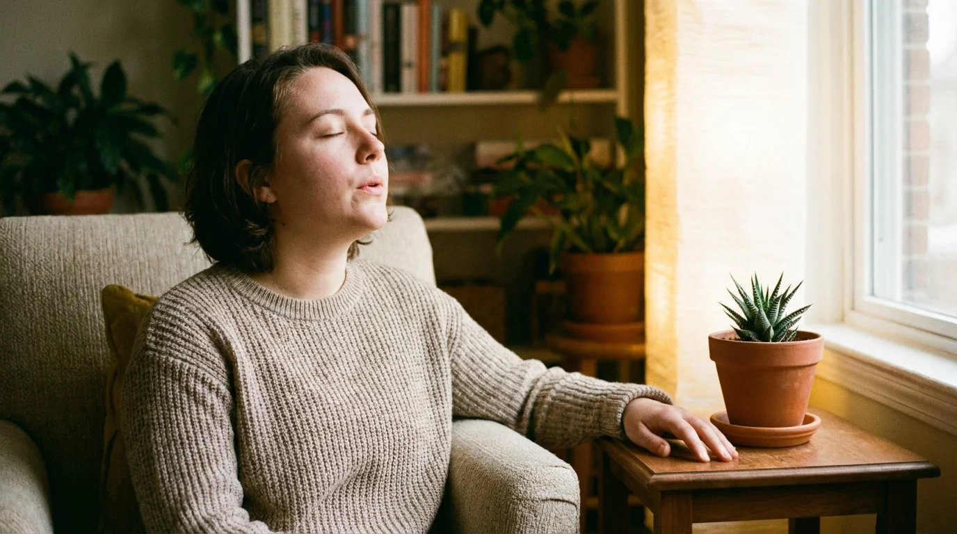 Person practicing mindful breathing, emphasizing self-awareness and calm in daily practice.