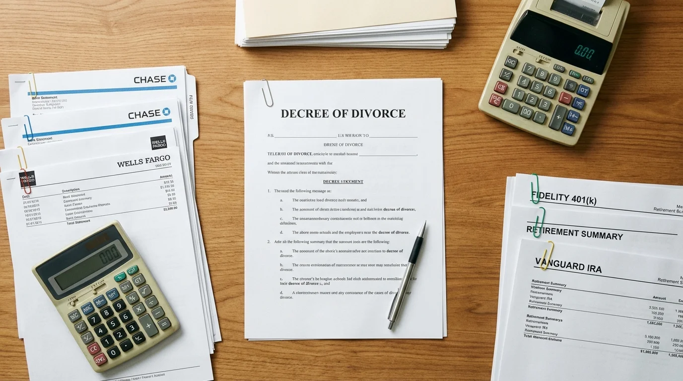 Organized collection of financial documents including divorce papers and account statements.