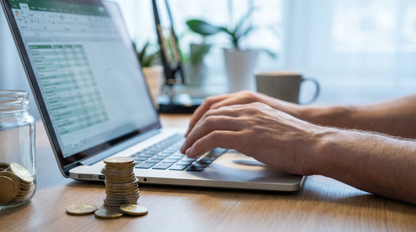Hands typing on a laptop next to a small stack of savings coins, symbolizing income growth.