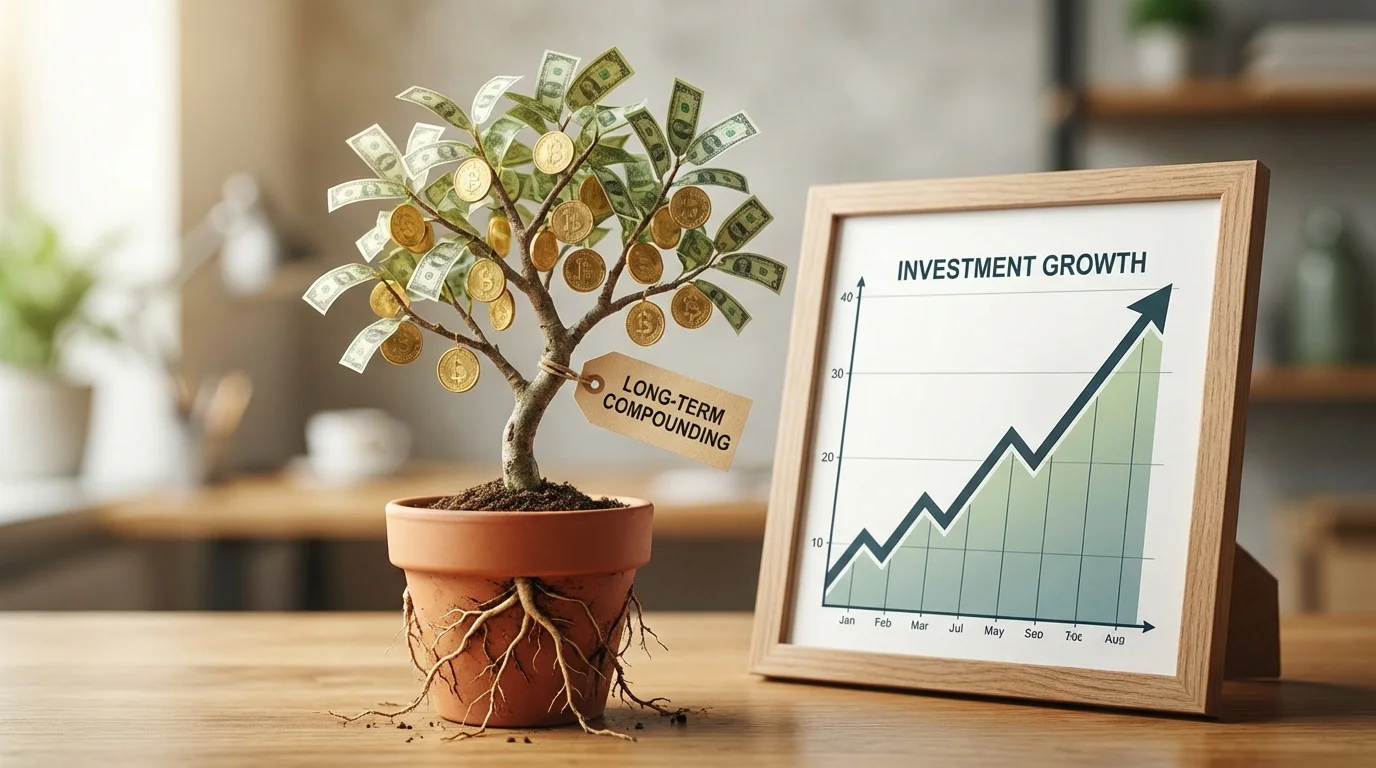 A small, healthy plant growing next to a rising stock chart, symbolizing investment growth.