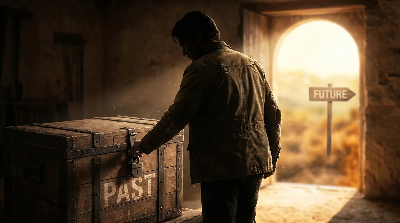 Person walking away from a locked box toward a bright doorway, symbolizing a positive financial mindset shift.