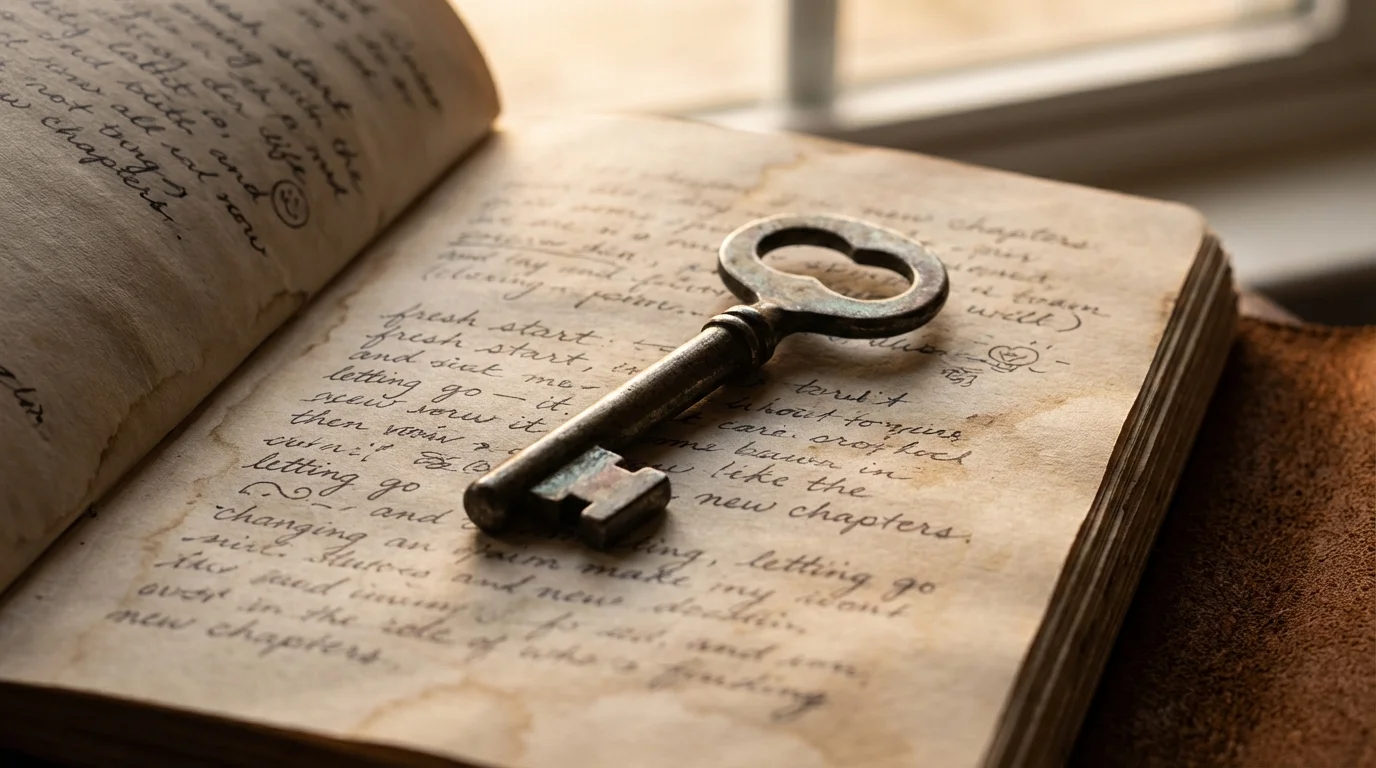 Journal page with handwritten notes next to a single key, representing personal reflection.