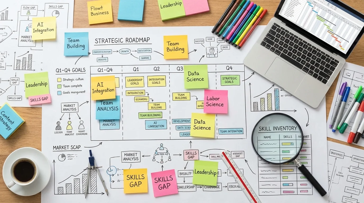 Overhead view of a career roadmap with sticky notes and planning tools.