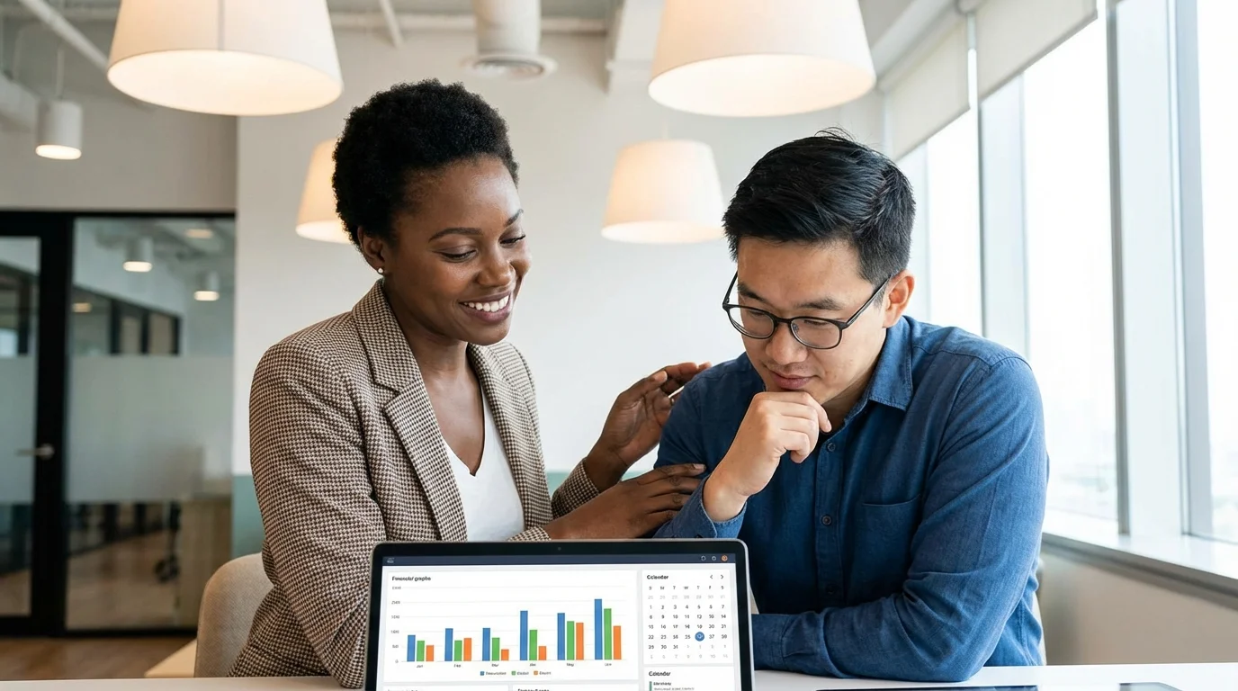 Two professionals reviewing financial documents and schedules together for support.