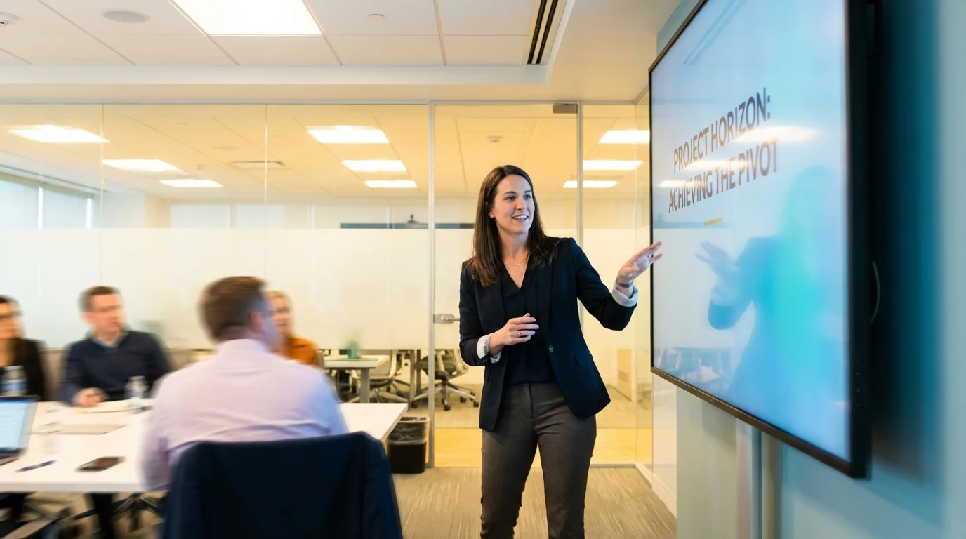 Confident professional presenting a successful project in a modern conference room setting.