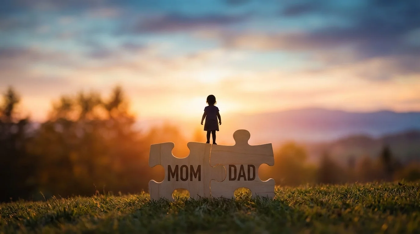 Symbolic image of parents forming a stable base for a child.