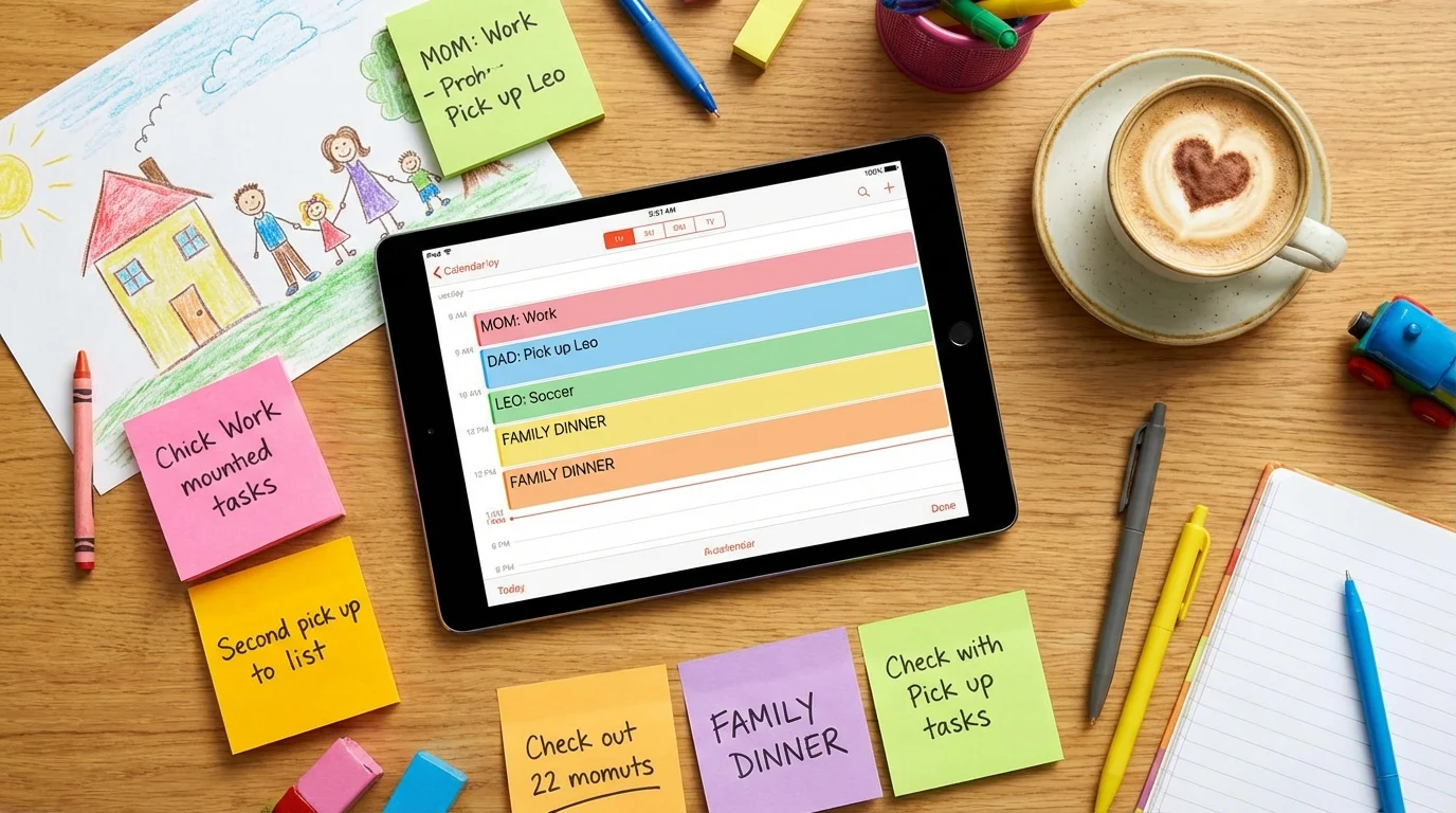 Overhead view of a shared digital calendar used for co-parenting coordination.