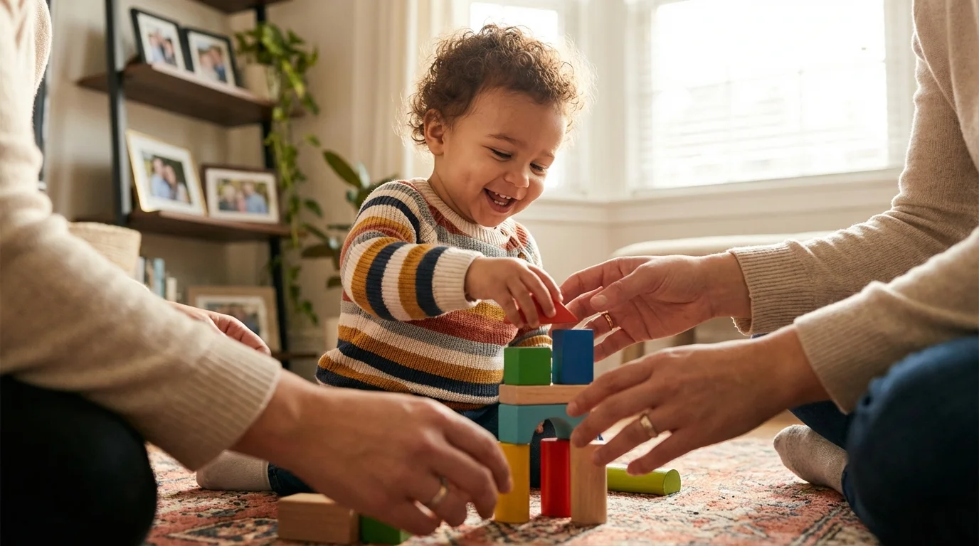 Child playing with blocks with gentle guidance from two parents' hands, illustrating child-centered focus.