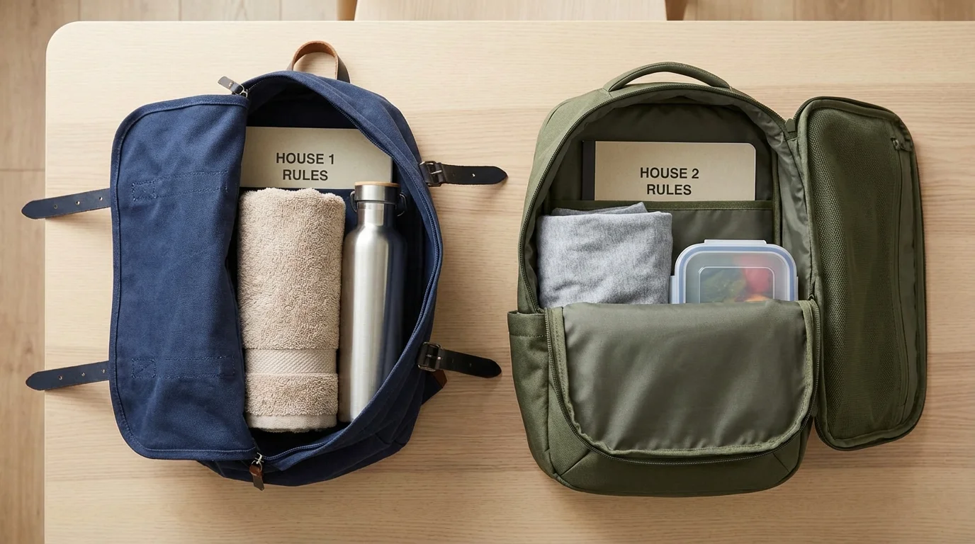 Two different backpacks side-by-side, representing consistent rules across two households.