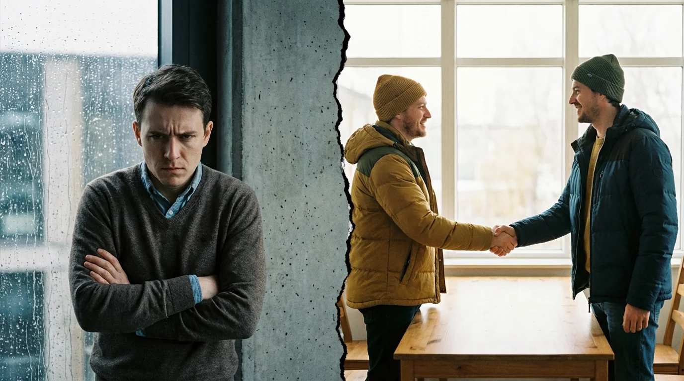 Conceptual split image contrasting tense body language with a handshake, representing conflict resolution.