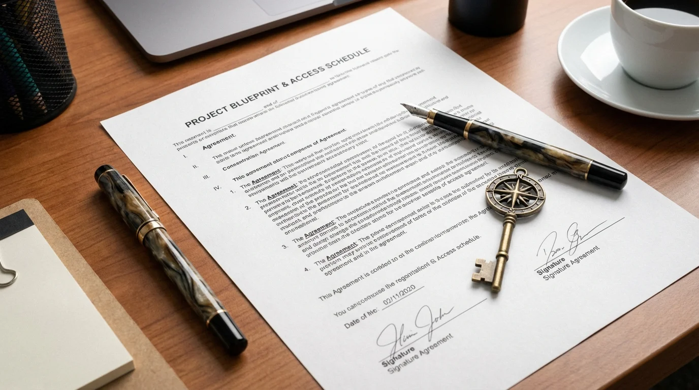 Overhead view of a parenting plan document with a pen and a small key, symbolizing structure.