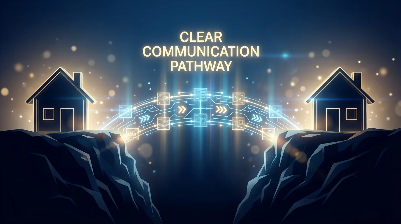 Digital bridge connecting two separate homes, symbolizing structured co-parenting communication.