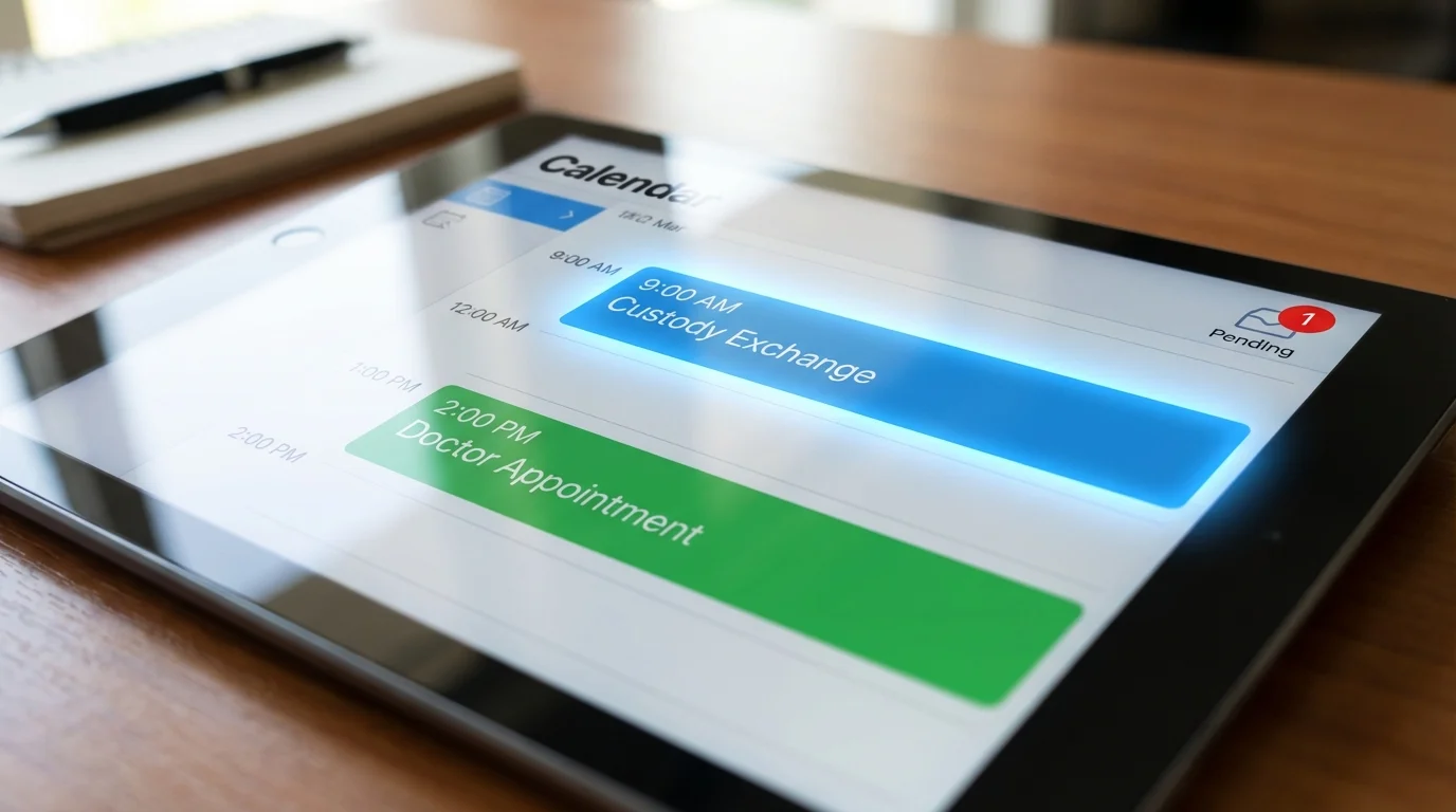 Close-up of a shared digital calendar showing organized custody and appointment schedules.