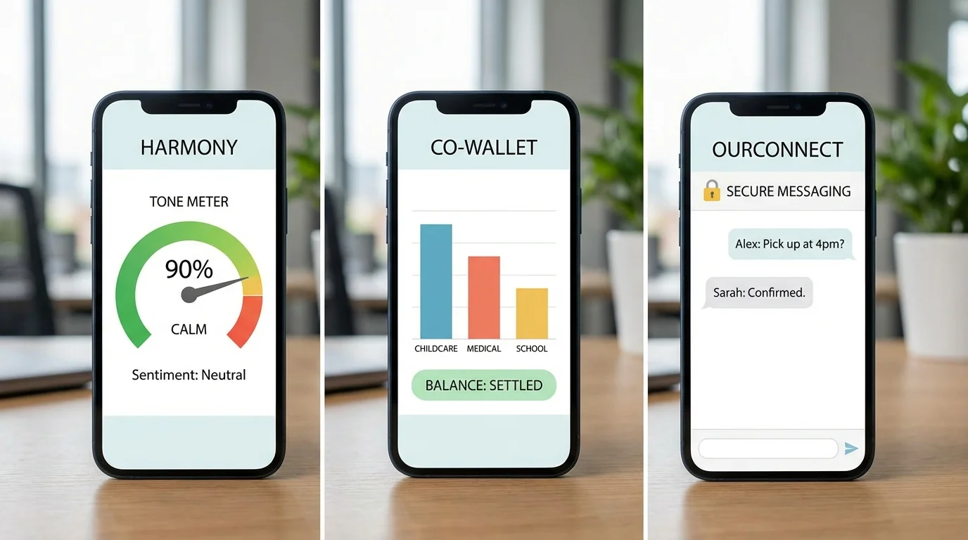 Comparison of three different co-parenting application interfaces on mobile devices.