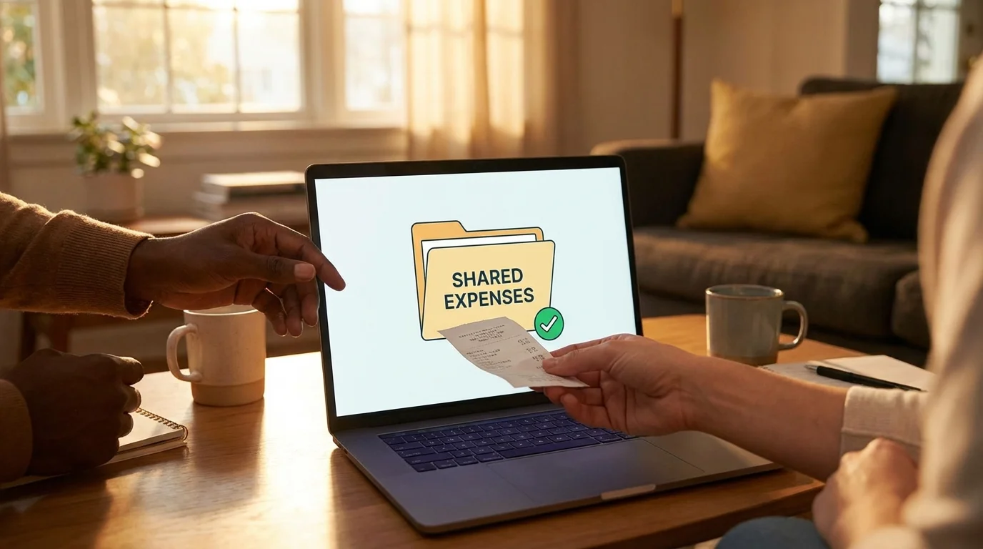 Hands organizing digital receipts into a shared expense tracking folder on a laptop.