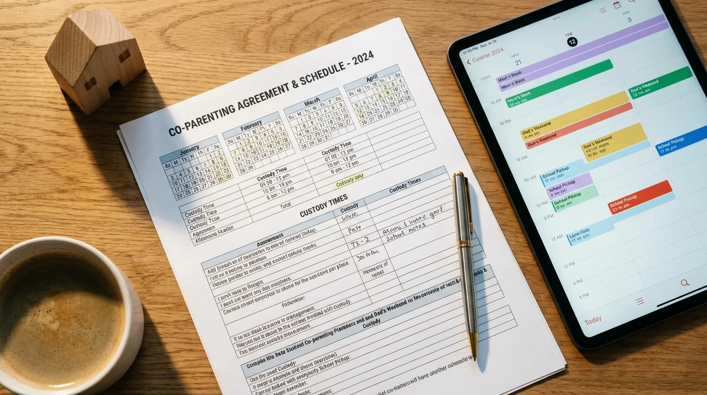 Overhead view of a printed co-parenting agreement and shared calendar documents.