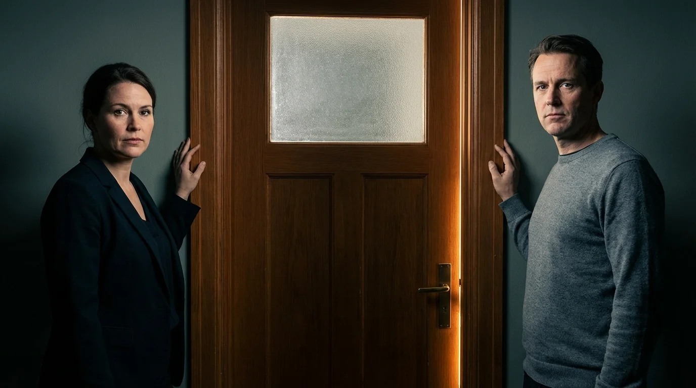 Two divorced parents standing on opposite sides of a closed door, maintaining respectful distance.