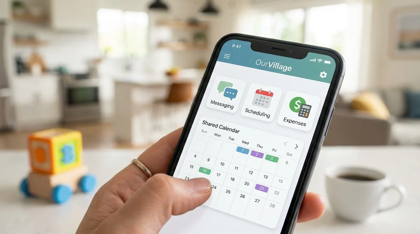 Close-up of a mobile co-parenting app interface showing shared scheduling features.