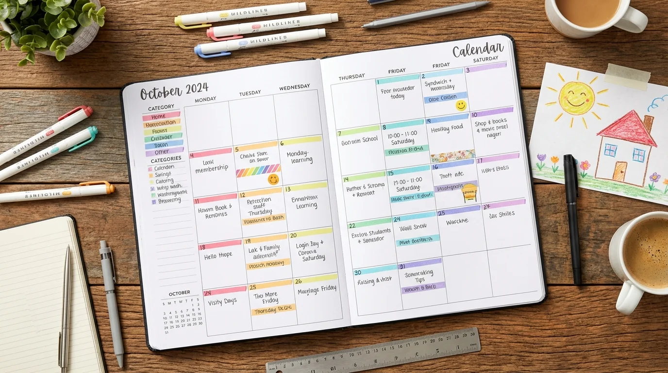 Overhead view of a calendar being marked up with highlighters for holiday planning.