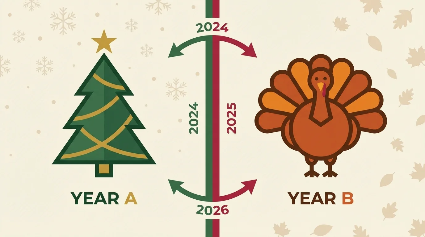 Icons representing Christmas and Thanksgiving alternating between two columns, illustrating schedule rotation.