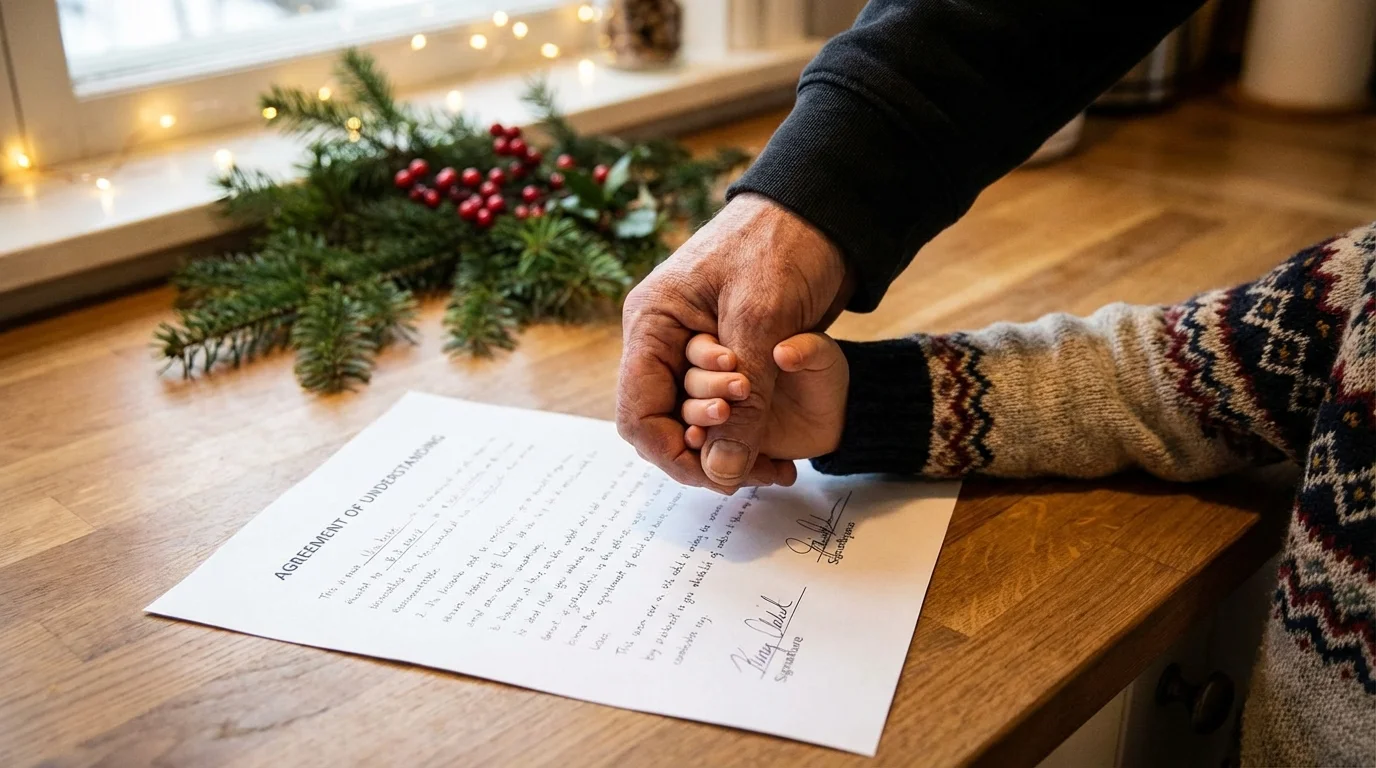 Close-up of two hands shaking over a signed agreement, symbolizing finalizing a holiday schedule.