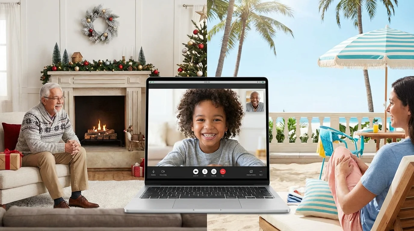 Child smiling while video chatting between two different holiday settings on a laptop screen.