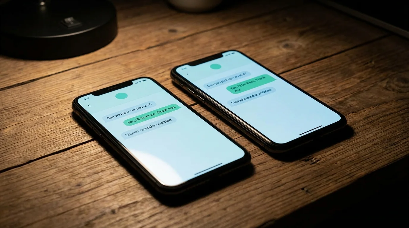 Close-up of a co-parenting app showing clear, documented communication between parents.