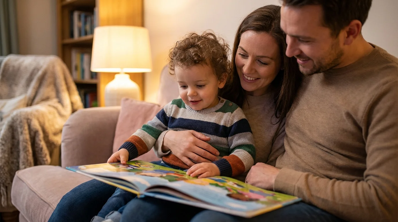 Toddler reading a book nestled between two parents, showing emotional security in co-parenting.