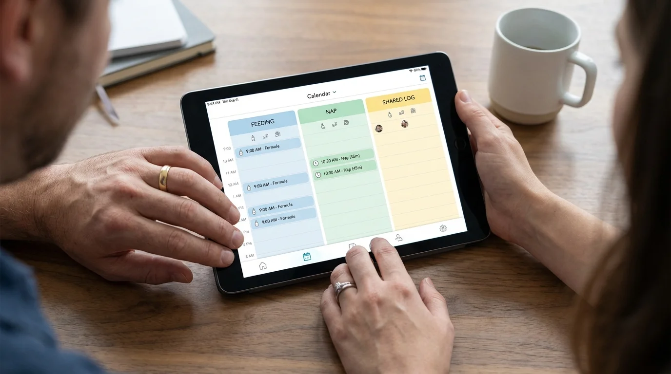 Two parents reviewing a shared digital schedule for newborn care logistics.
