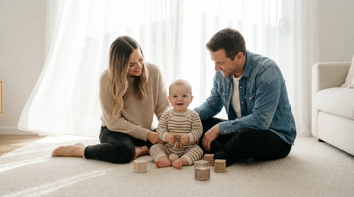 Happy baby playing between two parents, symbolizing secure attachment through co-parenting.
