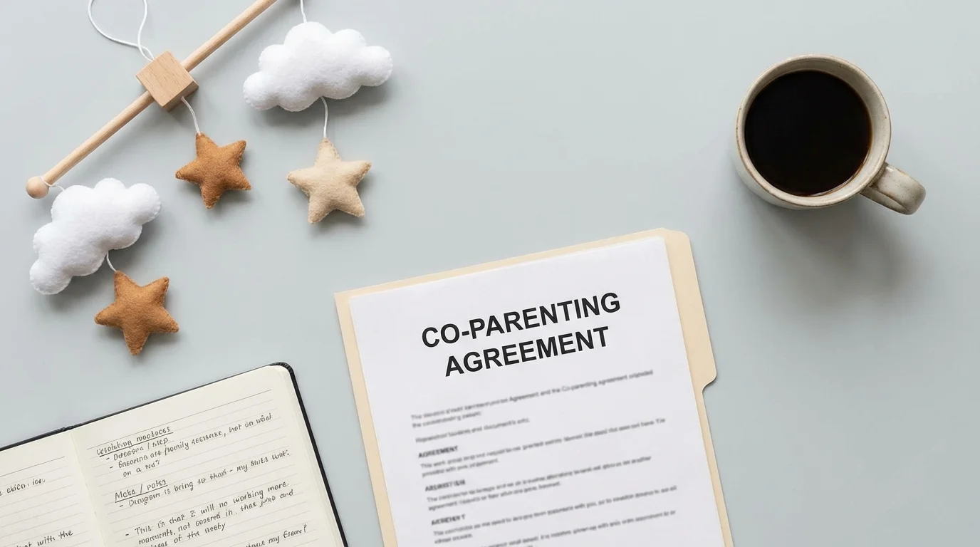 Overhead view of a written co-parenting plan document next to baby items.
