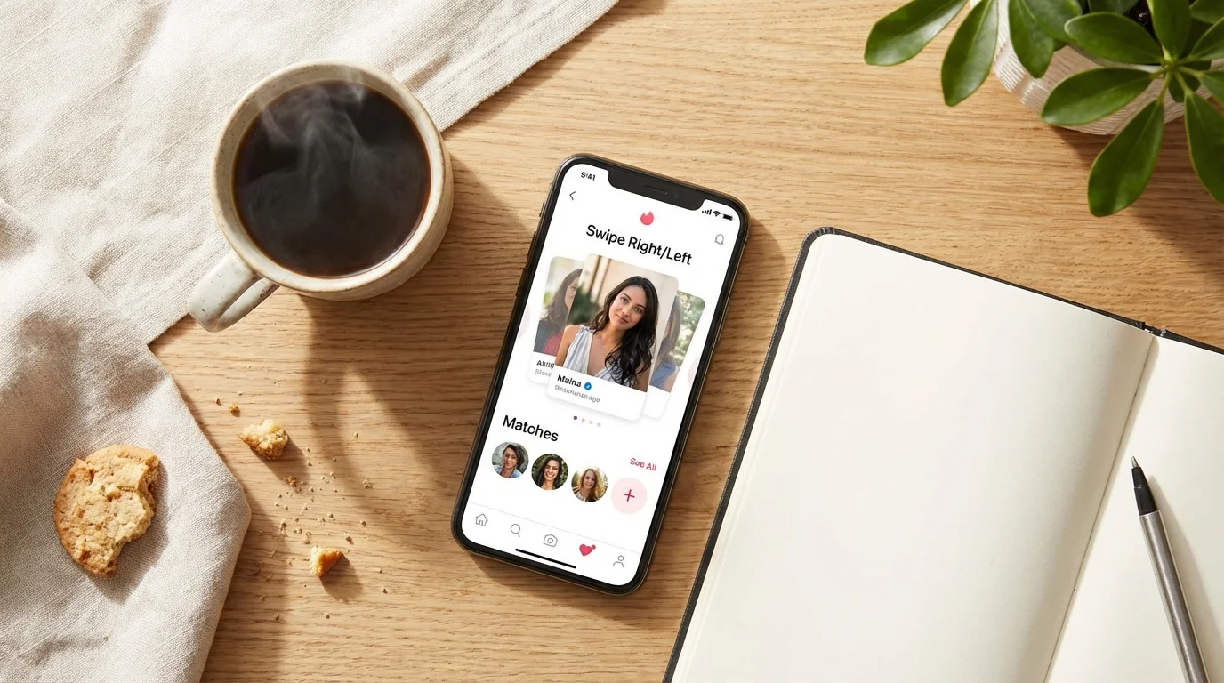 Smartphone displaying a dating app next to coffee, symbolizing the modern dating landscape.
