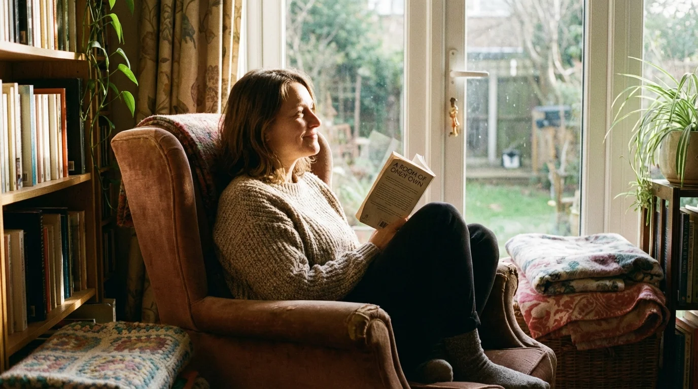 Woman reflecting peacefully in a sunlit chair, focusing on healing and self-discovery.