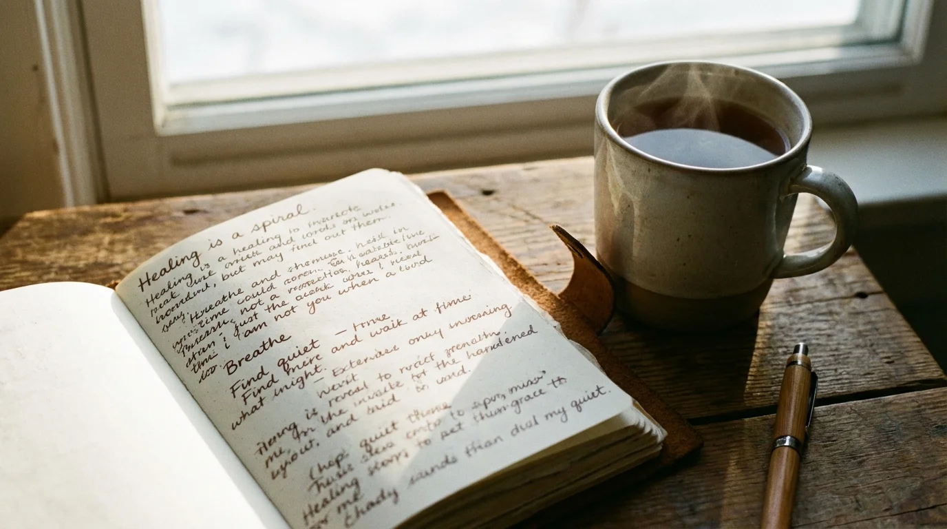Journal and tea symbolizing self-reflection on emotional readiness.