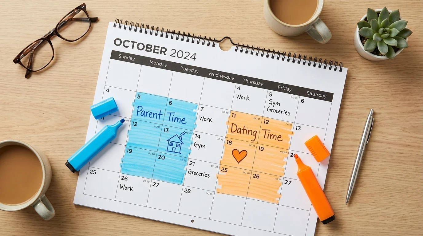 Calendar showing separated blocks for parenting time and dating time.