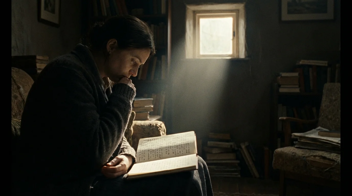 Person reflecting deeply while holding an open journal, symbolizing the start of emotional processing.