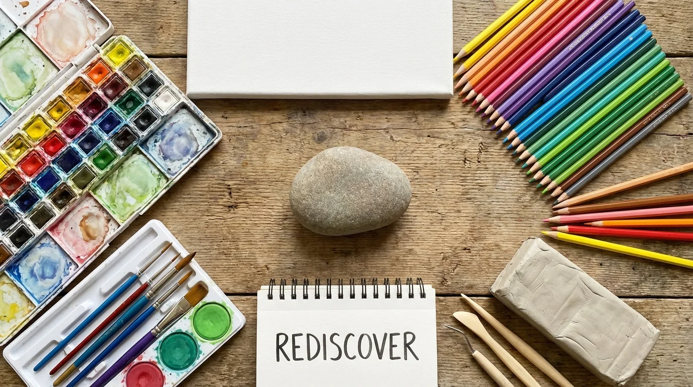 Flat lay of art supplies and a smooth stone, illustrating self-discovery through creative expression.