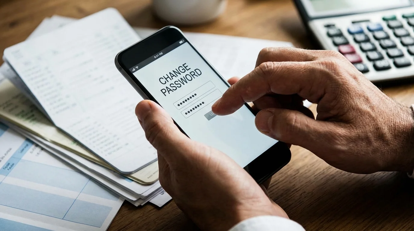 Hands changing a password on a phone, symbolizing securing financial accounts after divorce.