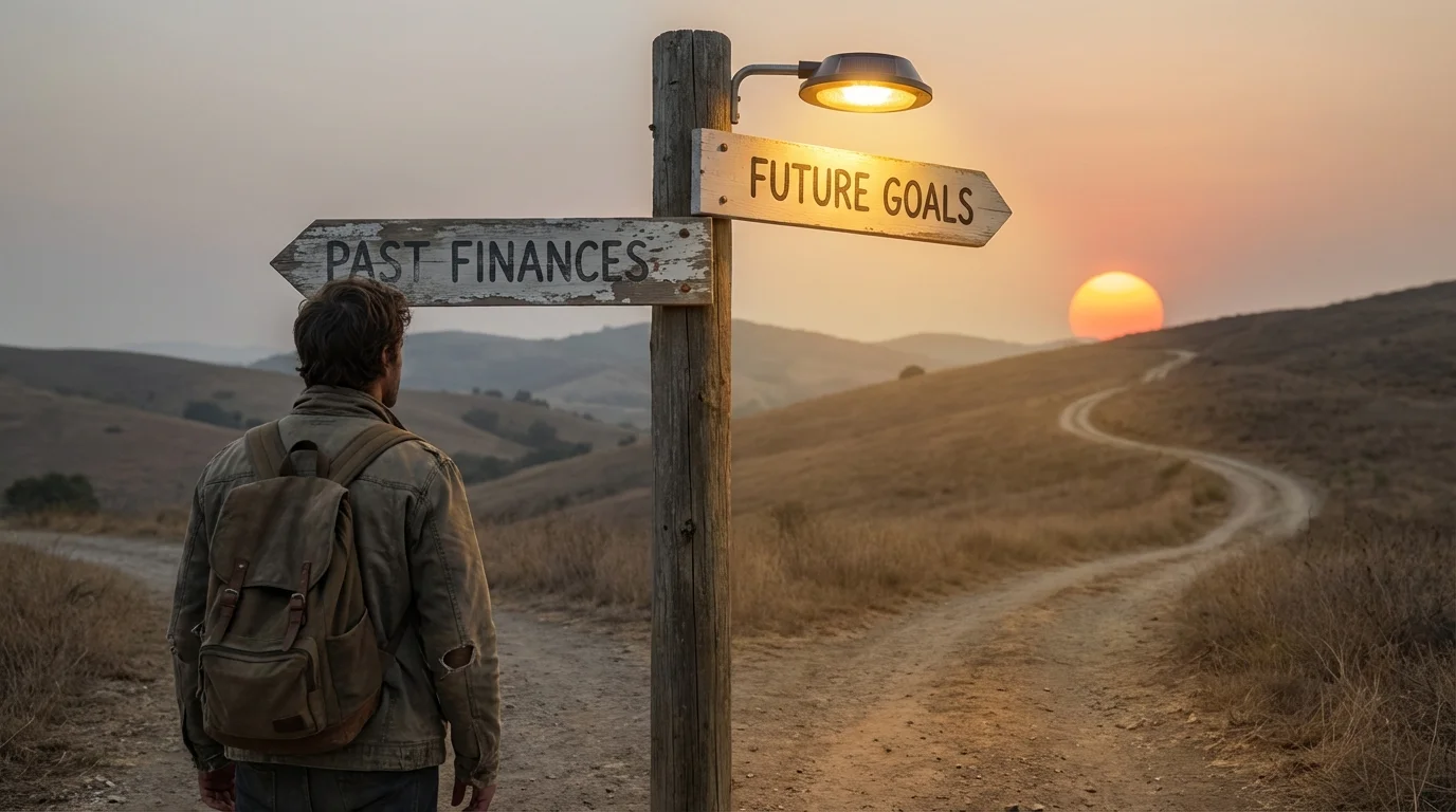 Person standing at a signpost indicating a shift from past finances to future goals.