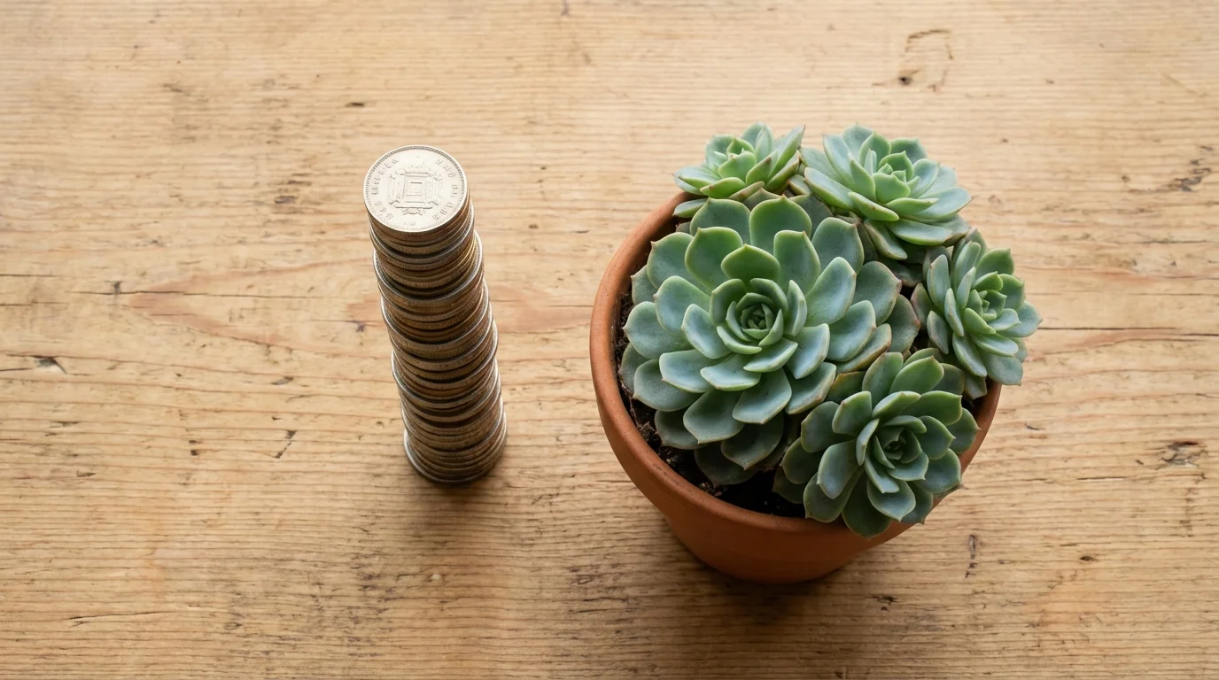 Overhead view of coins next to a small growing plant symbolizing rebuilding savings.