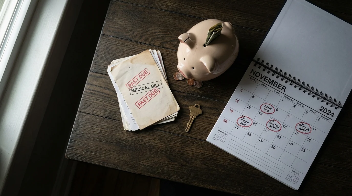 Flat lay representing financial challenges: bills, keys, and savings.