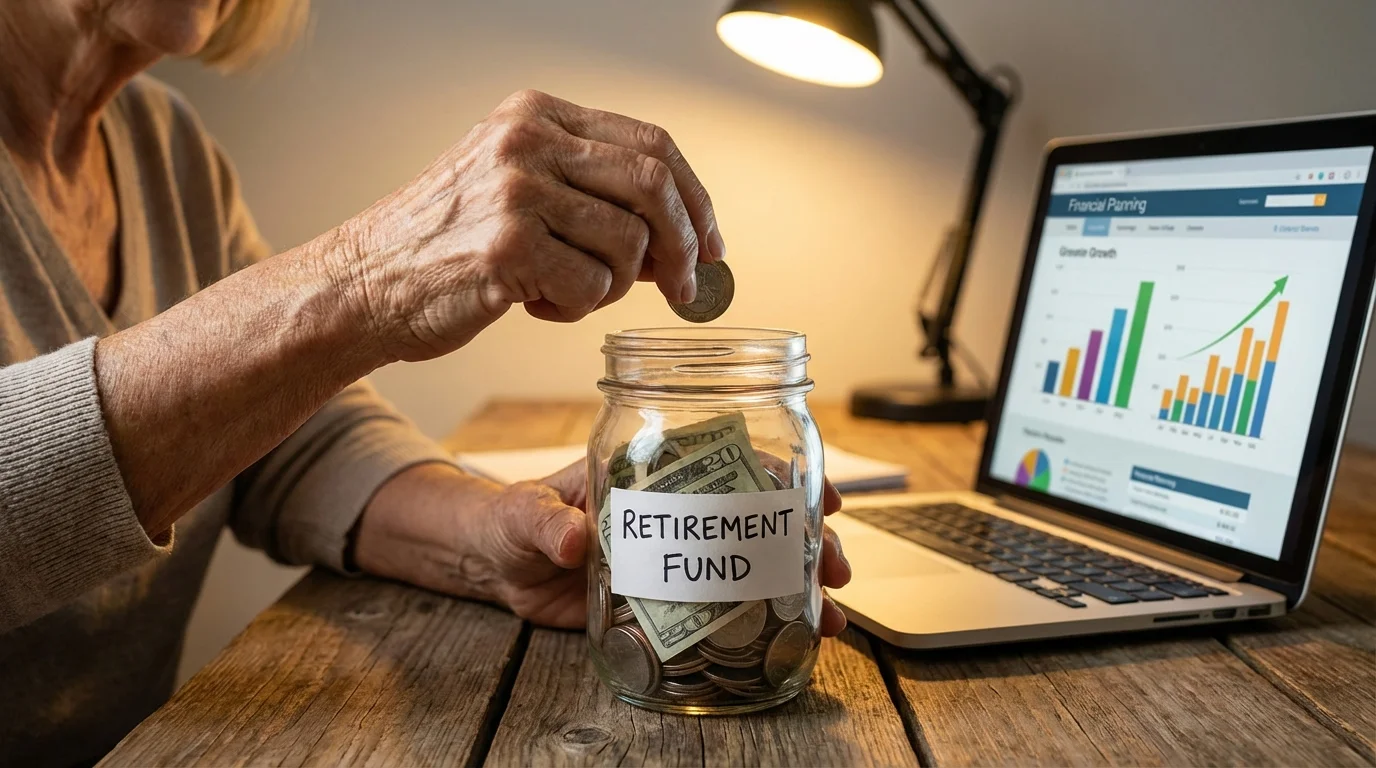 Hands placing coins into a retirement savings jar, symbolizing investment strategy.